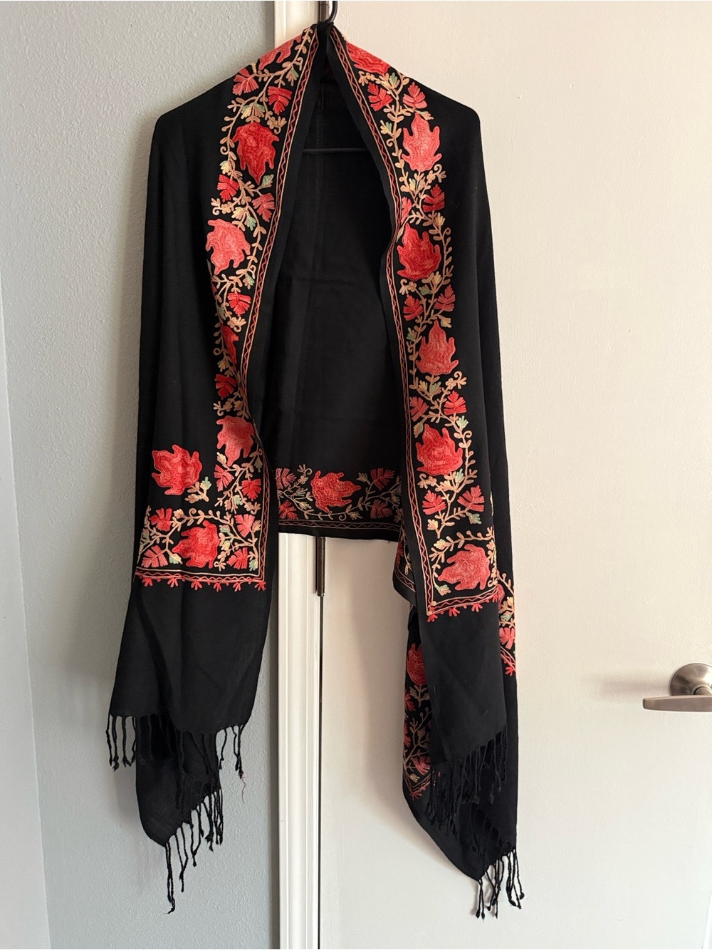 Sevya Handmade Embroidered Fringed Wool Shawl Fairtrade 28x80